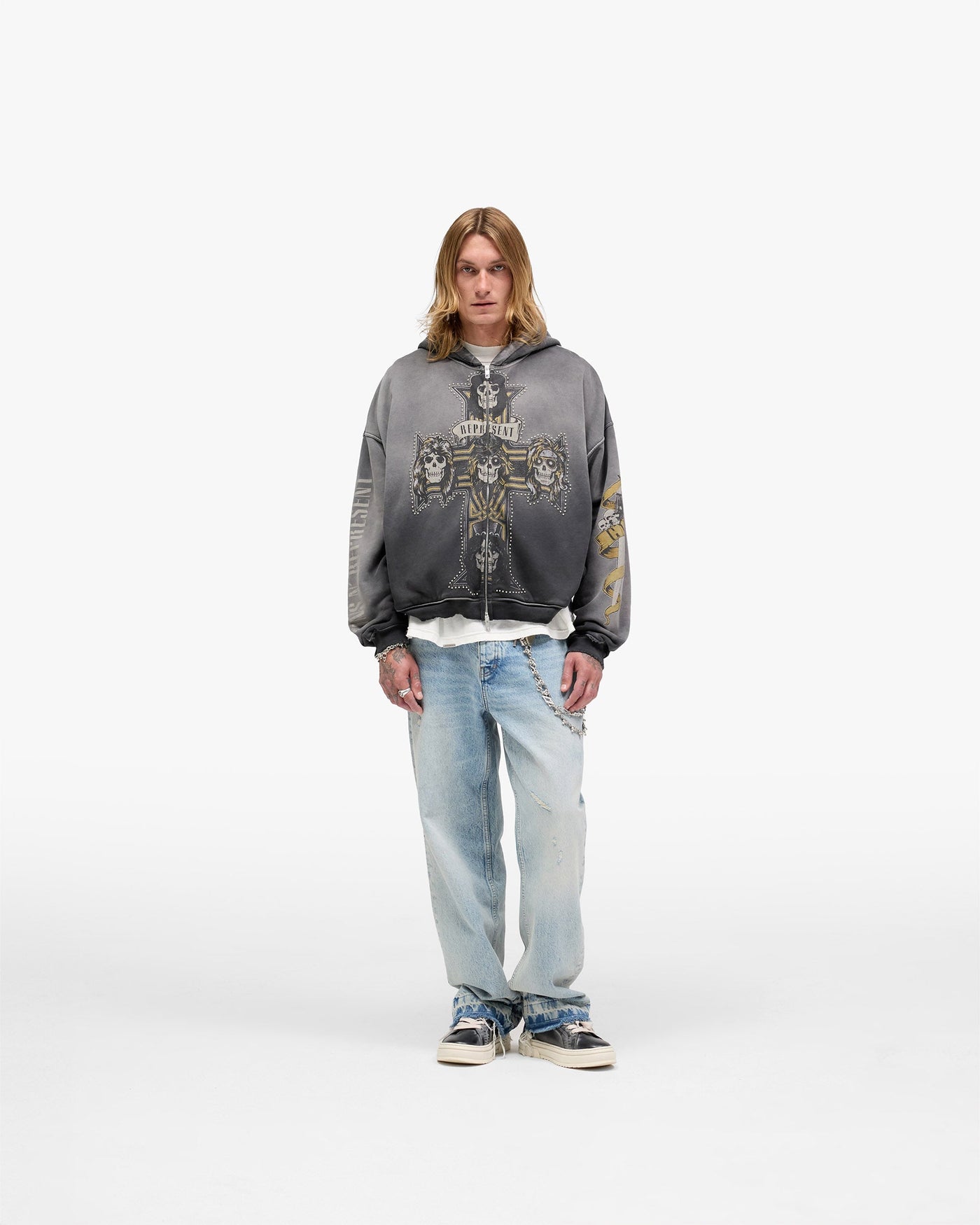 Represent X Guns N' Roses Cross Zip Through Hoodie - Stained Black