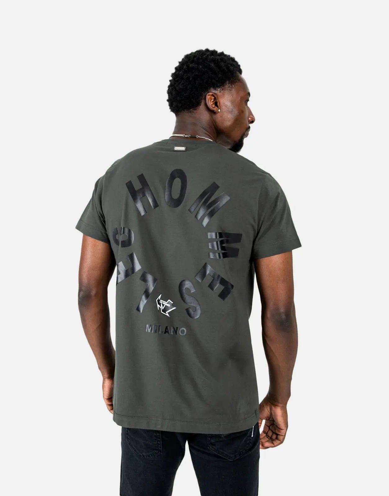 Les Hommes Arrow Back Print Mil Green T-Shirt